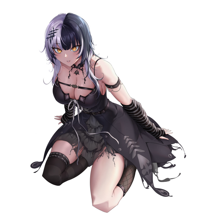 1girl absurdres arm_strap arm_support arm_warmers asymmetrical_legwear belt black_belt black_choker black_dress black_hair black_socks black_thighhighs breasts chest_belt choker cleavage dress fishnet_socks fishnets grey_hair hair_ornament highres hololive hololive_english lace lace-trimmed_choker lace_choker lace_trim large_breasts layered_dress light_blush long_hair looking_at_viewer mismatched_legwear multicolored_hair ootoii parted_lips shiori_novella short_dress simple_background single_thighhigh sitting sleeveless sleeveless_dress socks solo split-color_hair striped striped_arm_warmers striped_thighhighs teeth thighhighs two-tone_hair uneven_legwear virtual_youtuber white_background yellow_eyes yokozuwari