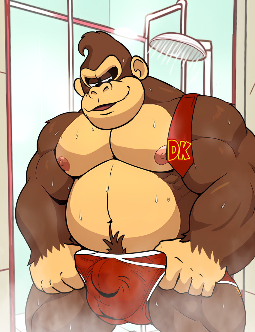 2023 anthro ape balls_outline barazoku bathing body_hair bulge clothed clothing clothing_pull detailed_bulge digital_media_(artwork) donkey_kong_(character) donkey_kong_(series) genital_outline gorilla half-closed_eyes haplorhine happy_trail hi_res looking_down male mammal muscular muscular_anthro muscular_male narrowed_eyes necktie nintendo nipples pecs portrait primate shower showering skyskater slightly_chubby solo standing steam story story_in_description three-quarter_portrait topless undressing water wet wet_body wrestling_singlet