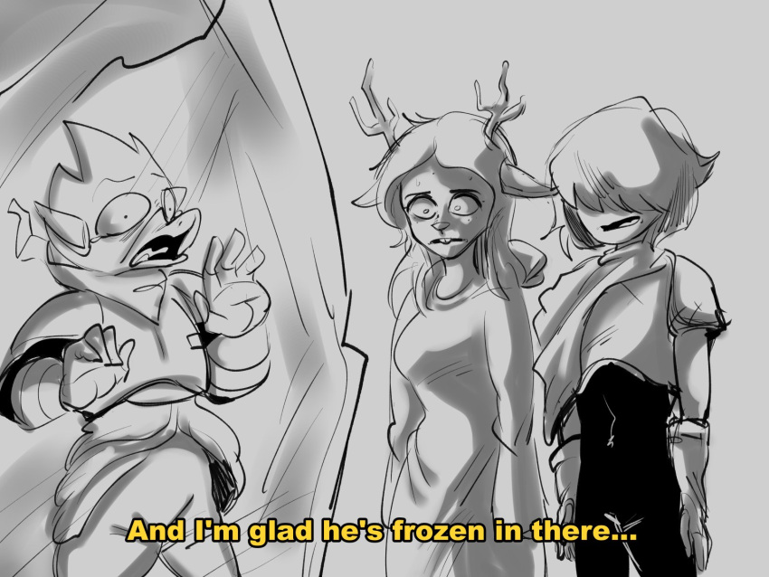 anthro avian berdly bird capreoline clothed clothing deer deltarune english_text female frozen group hanna-barbera hi_res human kris_(deltarune) male mammal meme monochrome noelle_holiday reindeer scooby-doo_(series) simple_background text thedarkzircon trio undertale_(series)