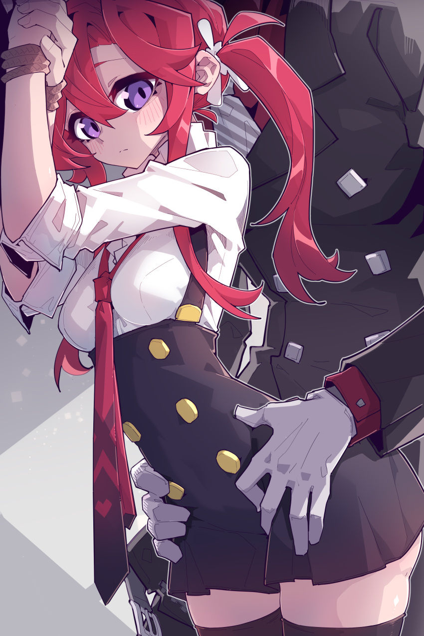1boy 1girl absurdres black_dress black_thighhighs blush bound bound_wrists breasts chinese_commentary closed_mouth commentary_request cowboy_shot dress gloves hair_between_eyes hetero highres imazawa long_hair long_sleeves looking_at_viewer medium_breasts necktie original pinafore_dress purple_eyes red_hair red_necktie shirt sidelocks sleeveless sleeveless_dress solo_focus thighhighs torso_grab twintails variant_set white_gloves white_shirt zettai_ryouiki