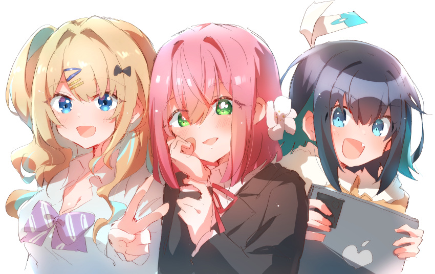 16bit_sensation 3girls :d absurdres akisato_konoha black_hair blonde_hair blue_eyes blush bow breasts cleavage fang flower green_eyes hair_between_eyes hair_bow hair_flower hair_ornament hairclip hanazono_hakari hand_up highres keikenzumi_na_kimi_to_keiken_zero_na_ore_ga_otsukiai_suru_hanashi. kimi_no_koto_ga_dai_dai_dai_dai_daisuki_na_100-nin_no_kanojo looking_at_viewer multiple_girls nyaa_(nnekoron) pink_hair purple_bow red_ribbon ribbon runa_shirakawa season_connection shirt sketch smile tablet_pc v white_shirt