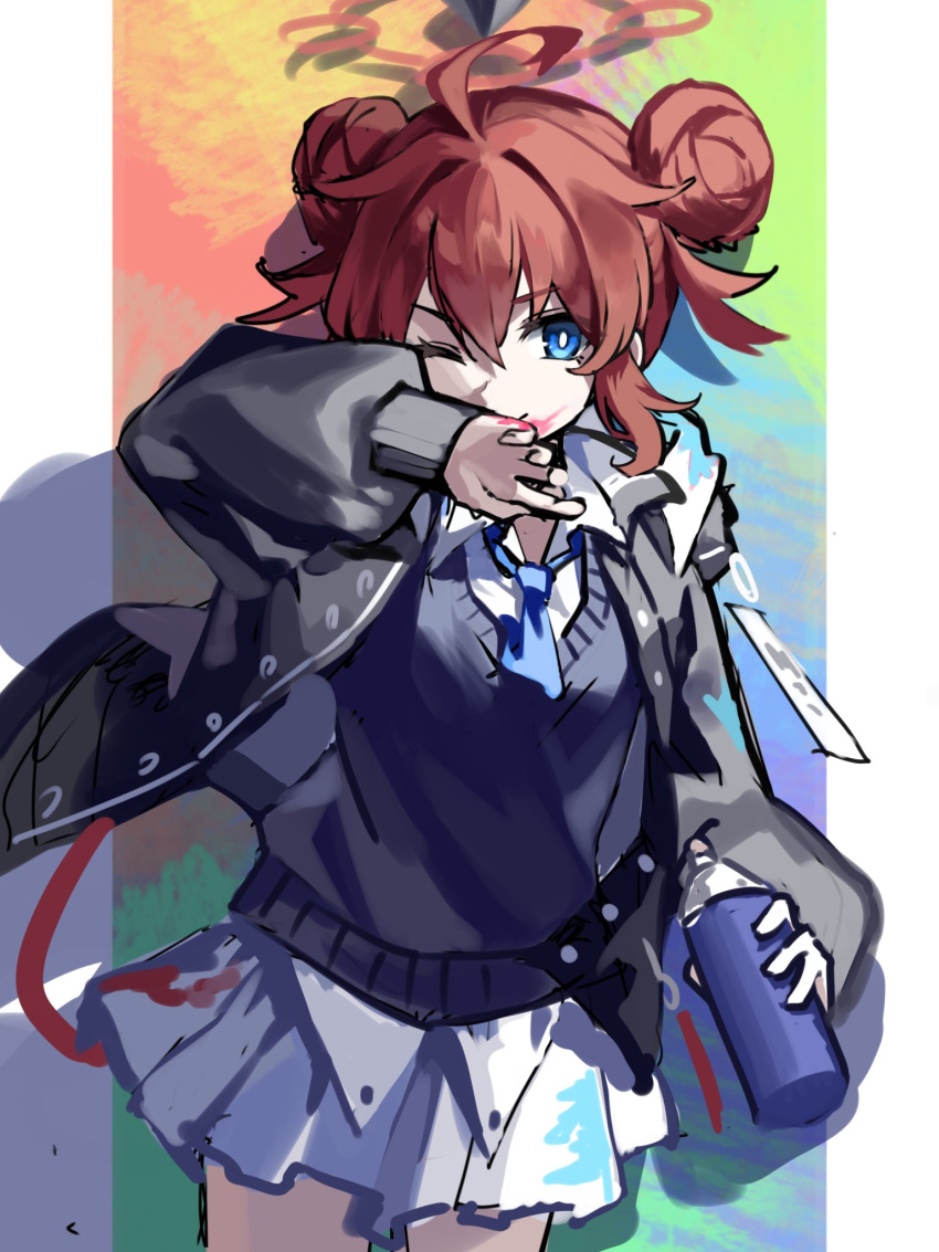 1girl ahoge blue_archive blue_eyes blue_necktie blue_sweater_vest can collared_shirt cowboy_shot double_bun hair_bun hair_intakes halo highres holding holding_can hood hood_down hooded_jacket jacket long_sleeves looking_at_viewer maki_(blue_archive) necktie one_eye_closed paint_on_clothes paint_splatter paint_splatter_on_face pleated_skirt puffy_sleeves red_hair ria_wndhi shirt short_hair sidelocks skirt smile solo spray_can sweater_vest white_shirt wiping_face