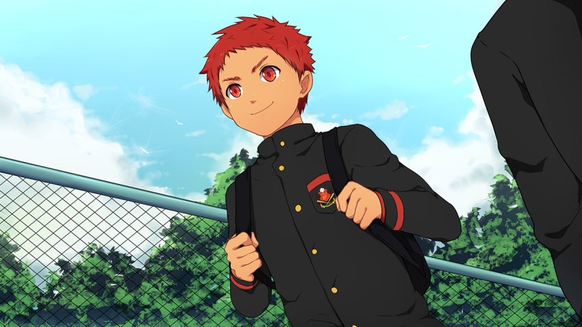 1boy bacchikoi! backpack bag blue_sky buttons chain-link_fence closed_mouth cloud collaboration fence game_cg kanada_toshu male_focus mazjojo mikkoukun non-web_source red_eyes red_hair school_uniform short_hair sky smile solo tree upper_body variant_set zamius