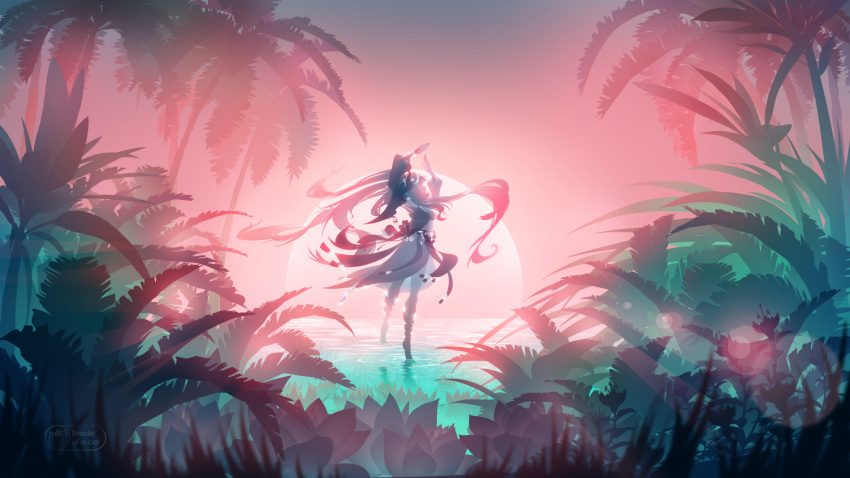 1girl arms_up backlighting dancing detached_sleeves floating_hair full_body genshin_impact highres lens_flare long_hair long_sleeves nilou_(genshin_impact) palm_tree scenery shade_of_a_cat solo tree very_long_hair