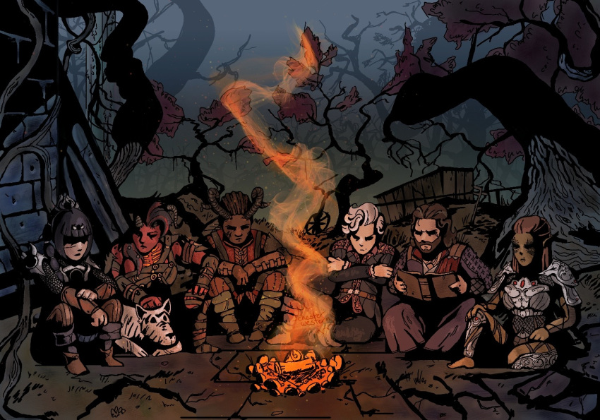 3boys 3girls animal astarion_(baldur's_gate) baldur's_gate baldur's_gate_3 beard black_horns book boots brown_footwear brown_hair campfire chesterwestern colored_skin crossed_arms curled_horns dark-skinned_male dark_skin darkest_dungeon dungeons_and_dragons english_commentary facial_hair fire gale_(baldur's_gate) green_skin horns karlach_(baldur's_gate) lae'zel_(baldur's_gate) multiple_boys multiple_girls open_book outdoors parody pointy_ears reading red_skin shadowheart_(baldur's_gate) sitting style_parody white_hair wyll_(baldur's_gate)