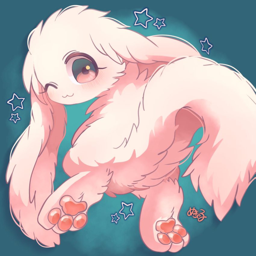 1:1 3_toes :3 ambiguous_gender anthro big_ears biped blue_background chibi colored digital_media_(artwork) eyelashes featureless_crotch feet female_(lore) floppy_ears fluffy fluffy_ears fluffy_tail full-length_portrait fur glistening glistening_pawpads hi_res hindpaw inochi_(mekkyaru) kemono lagomorph long_ears looking_at_viewer looking_back looking_back_at_viewer lop_ears mammal mekkyaru monotone_body monotone_ears monotone_fur monotone_tail nude one_eye_closed pawpads paws pink_body pink_ears pink_eyes pink_fur pink_inner_ear pink_pawpads pink_tail portrait pupils purple_pupils rear_view semi-anthro shaded signature simple_background solo standing star_polygon tail thick_fur toes white_body white_ears white_fur white_tail wink