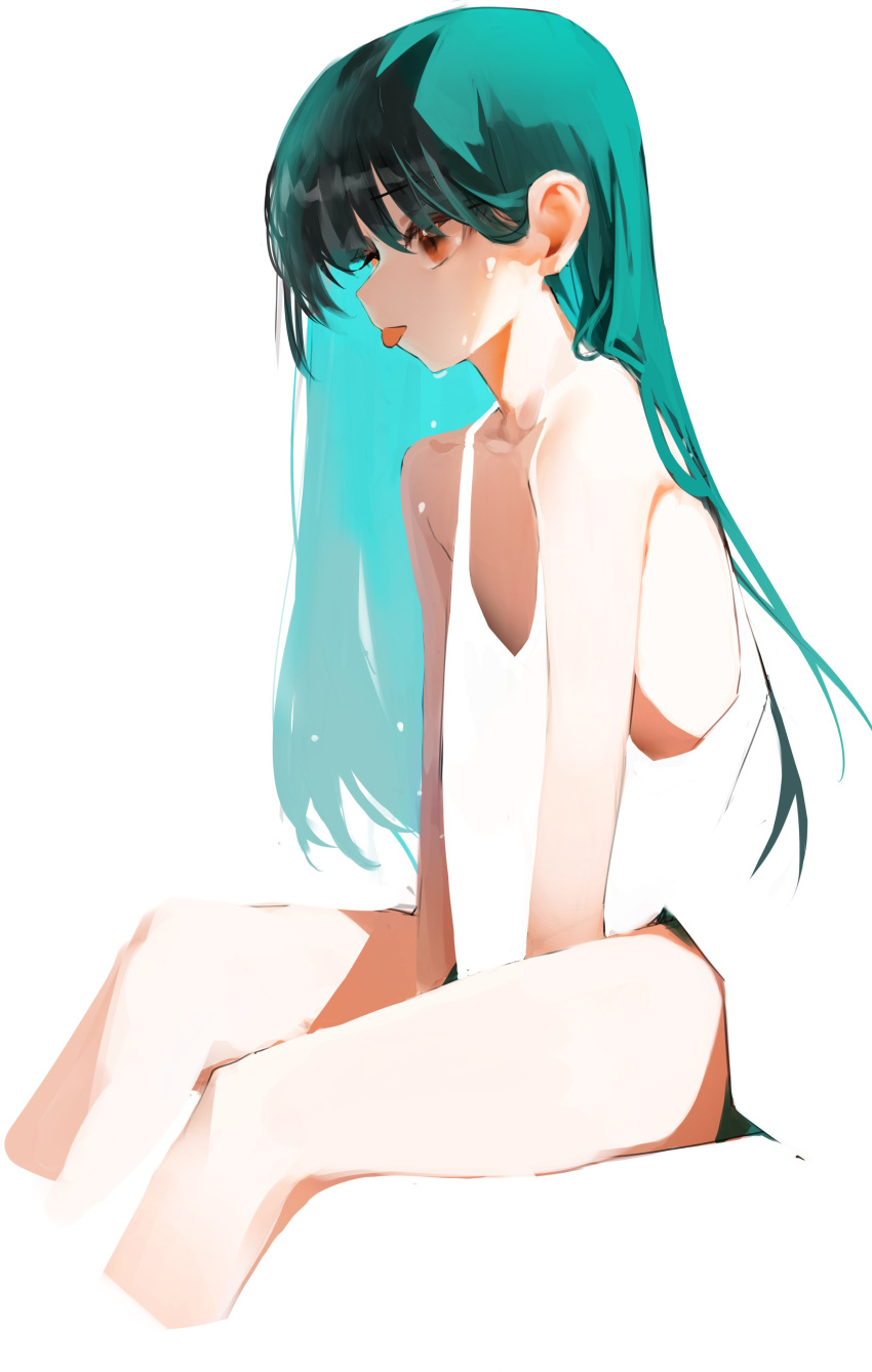 1girl :p absurdres aqua_hair blue_hair character_request colored_inner_hair copyright_request dress dripping flat_chest from_side hair_behind_ear highres long_hair multicolored_hair profile red_eyes short_dress simple_background sitting sleeveless sleeveless_dress solo sweat tongue tongue_out white_background white_dress yonchan