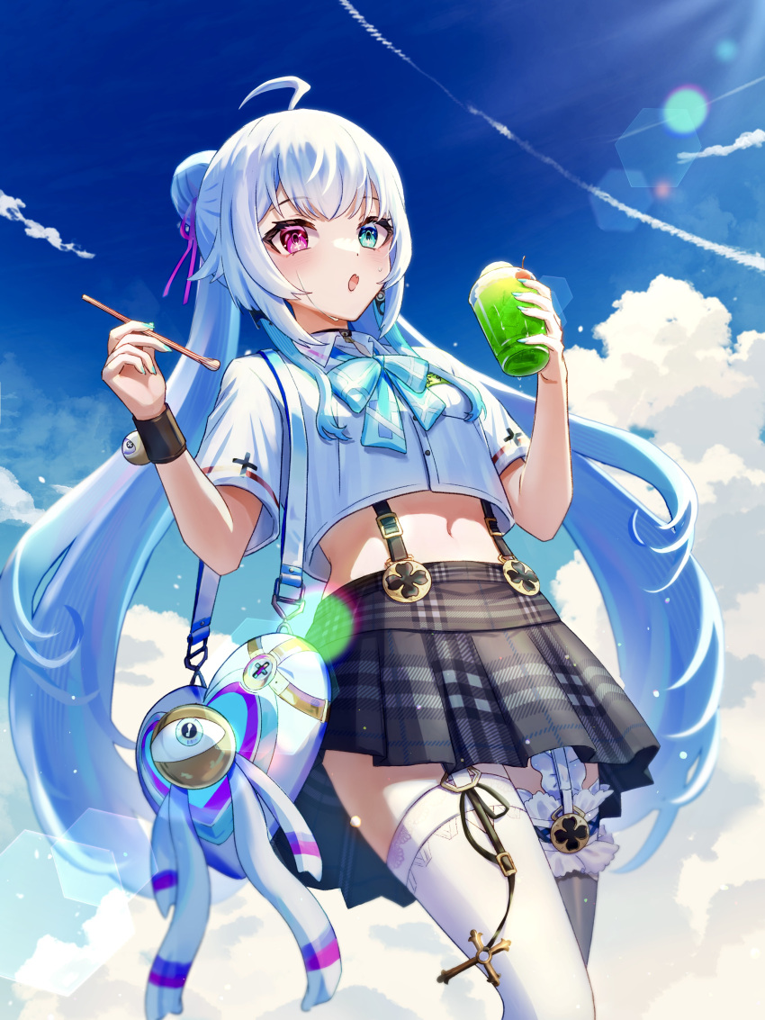 1girl absurdres ahoge amemiya_nazuna amemiya_nazuna_(2nd_costume) black_skirt blue_bow blue_eyes blue_sky bow cloud commentary earrings english_commentary fang flat_chest food hair_ornament hair_ribbon heterochromia highres holding jewelry long_hair looking_at_viewer midriff navel open_mouth pink_ribbon red_eyes ribbon shaved_ice shirt sidelocks single_earring skin_fang skirt sky solo suspender_skirt suspenders thighhighs tolo_mag virtual_youtuber vshojo white_hair white_shirt white_thighhighs