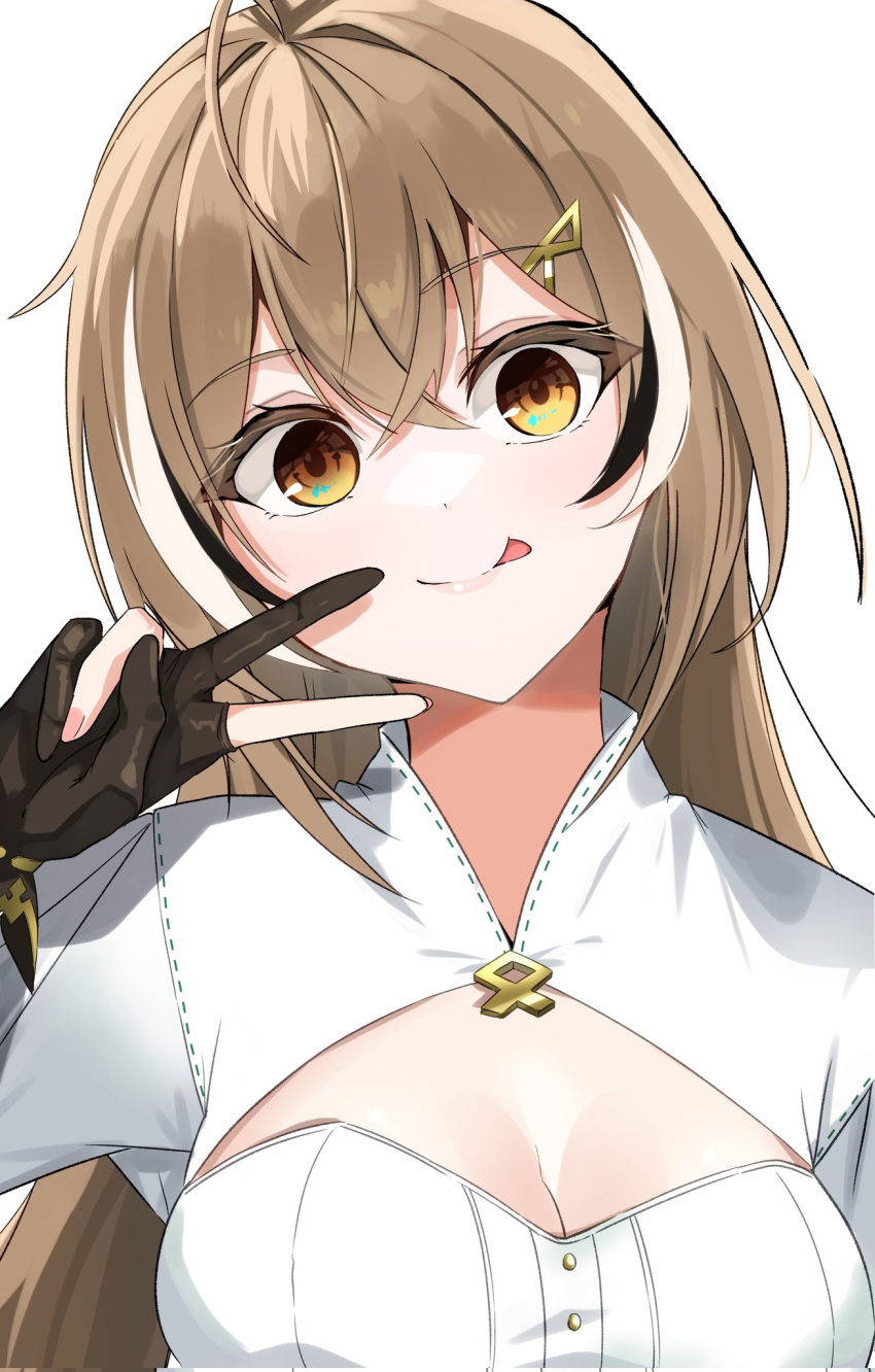 1girl :p ahoge aishea breasts brown_eyes brown_hair cleavage cleavage_cutout clothing_cutout crossed_bangs fingernails gloves hair_ornament hairclip highres hololive hololive_english long_hair looking_at_viewer medium_breasts multicolored_hair nanashi_mumei nanashi_mumei_(1st_costume) partially_fingerless_gloves shirt smile streaked_hair tongue tongue_out v very_long_hair virtual_youtuber white_shirt