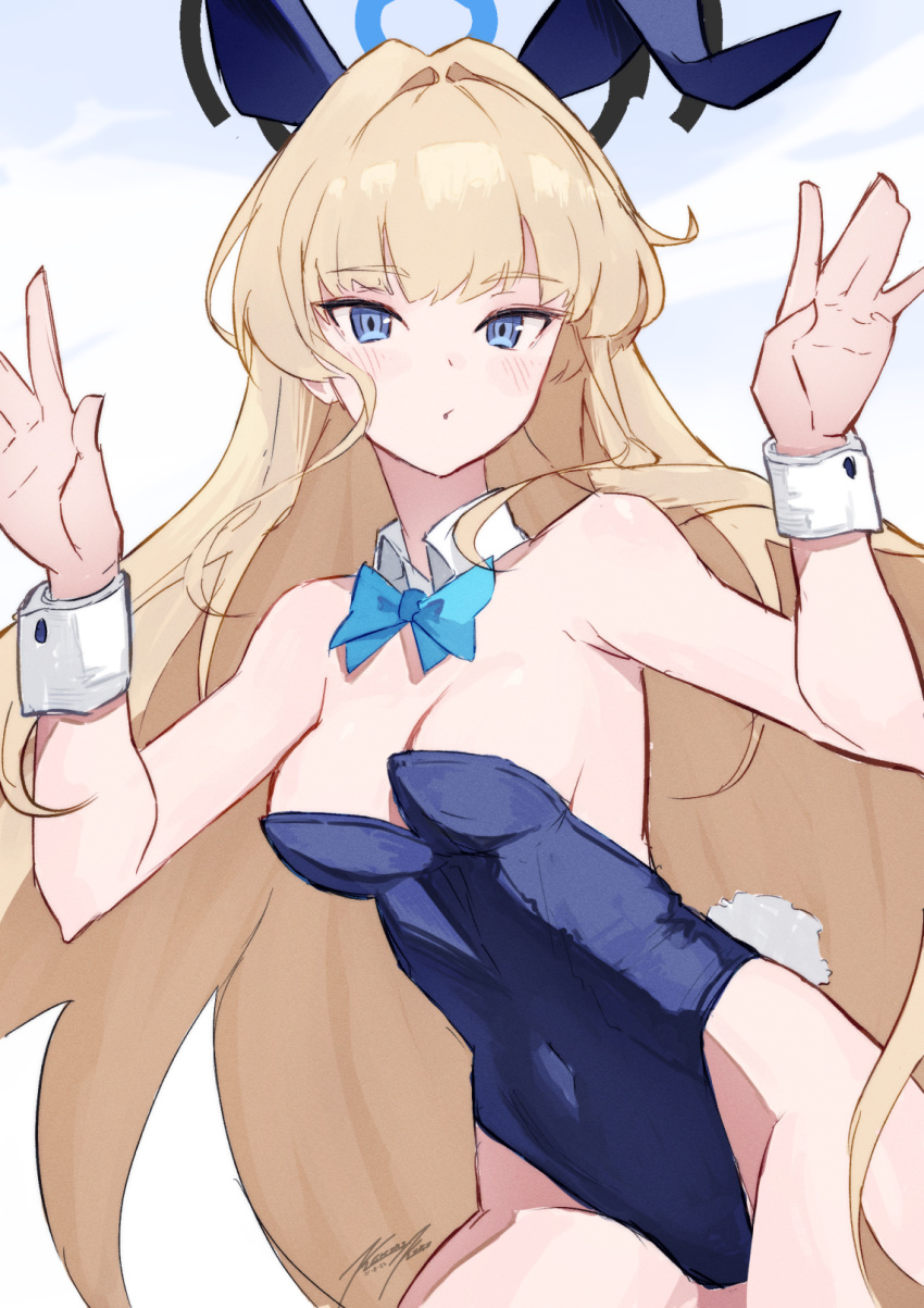1girl animal_ears aqua_bow aqua_bowtie blonde_hair blue_archive blue_eyes blue_leotard blush bow bowtie breasts detached_collar dot_nose fake_animal_ears fake_tail halo hands_up highleg highleg_leotard highres leotard long_hair looking_at_viewer medium_breasts navel official_alternate_costume open_mouth playboy_bunny punished_pigeon rabbit_ears rabbit_tail simple_background solo strapless strapless_leotard tail toki_(blue_archive) toki_(bunny)_(blue_archive) white_wrist_cuffs wrist_cuffs