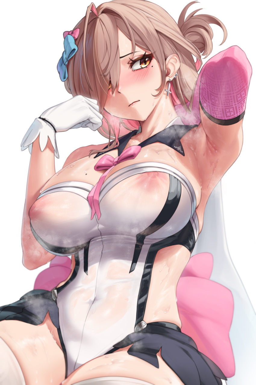 1girl armpits asymmetrical_gloves blush breasts brown_eyes brown_hair character_request check_character covered_navel ear_piercing earrings gloves hair_over_one_eye highres jewelry large_breasts long_bangs looking_at_viewer medium_breasts mismatched_gloves mole mole_on_breast mole_under_eye original padoruu piercing pink_gloves revealing_clothes see-through skindentation solo steaming_body sweat thighhighs wet wet_clothes white_gloves white_thighhighs