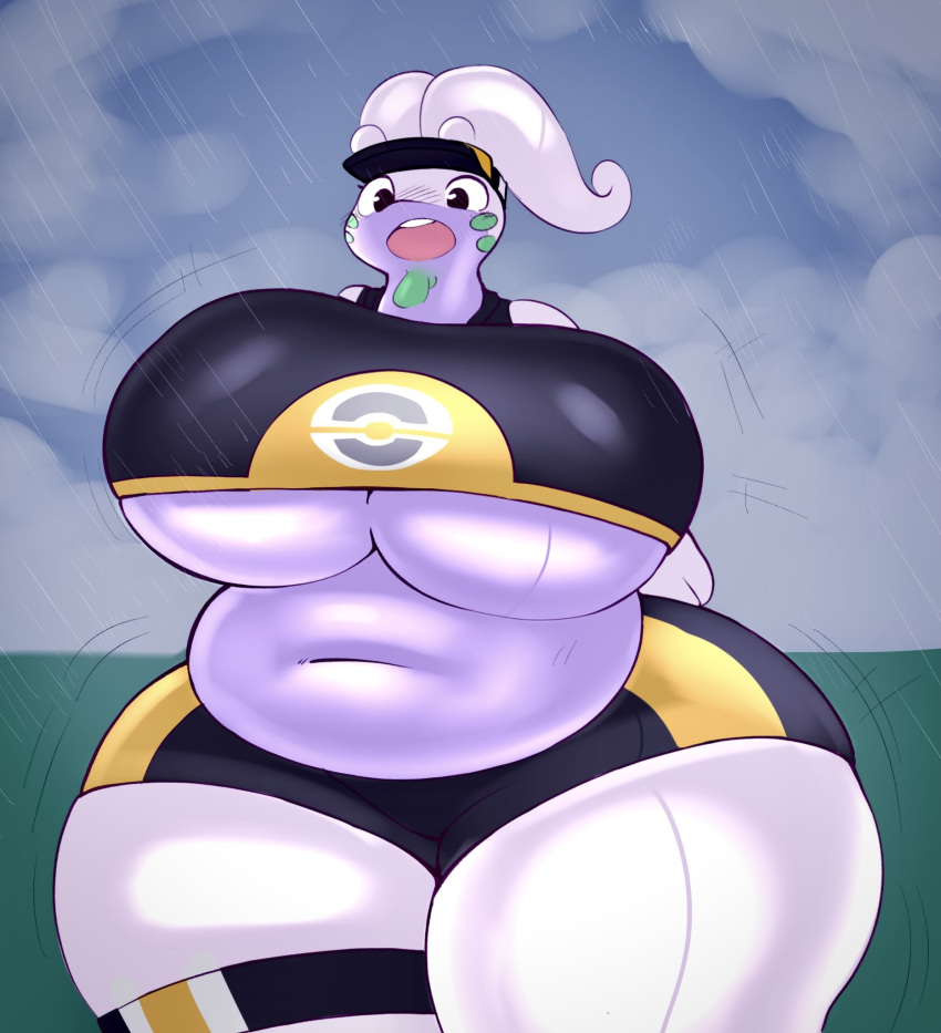 anthro belly big_breasts breasts clothing curvy_figure female generation_6_pokemon goodra hi_res huge_breasts huge_thighs inazuma_kat navel nintendo open_mouth outside overweight overweight_anthro overweight_female pokemon pokemon_(species) raining solo thick_thighs under_boob voluptuous wardrobe_malfunction wide_hips