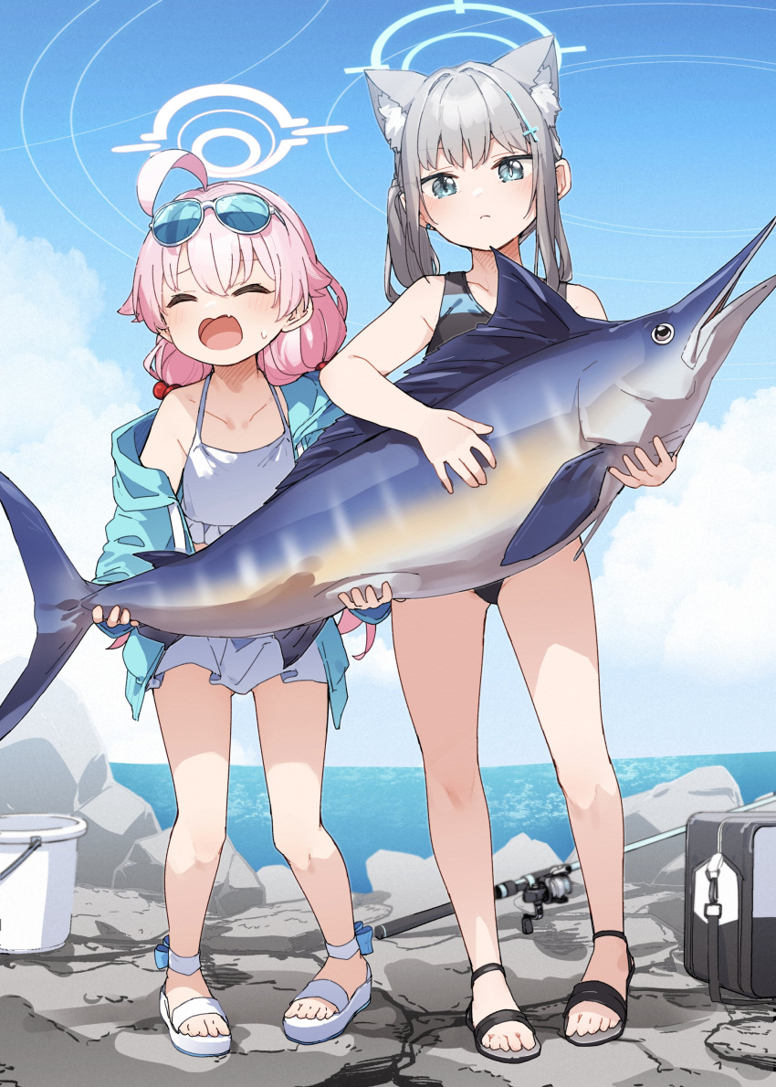 2girls absurdres ahoge animal animal_ear_fluff animal_ears bikini black_footwear blue-tinted_eyewear blue_archive blue_eyes blue_halo blue_jacket blue_sky blush bucket closed_eyes closed_mouth cloud commentary_request cross_hair_ornament day earrings eyewear_on_head facing_viewer fish fish_request fishing_rod frilled_bikini frills grey_hair hair_between_eyes hair_bobbles hair_ornament halo highres holding holding_animal holding_fish hoshino_(blue_archive) hoshino_(swimsuit)_(blue_archive) jacket jewelry legs long_hair long_sleeves looking_at_viewer low_twintails mismatched_pupils multiple_girls ocean off_shoulder official_alternate_costume open_clothes open_jacket open_mouth outdoors pink_hair sandals shiroko_(blue_archive) shiroko_(swimsuit)_(blue_archive) sky standing stud_earrings sunglasses sweat swimsuit tinted_eyewear toes twintails very_long_hair white-framed_eyewear white_bikini white_footwear white_halo yukie_(kusaka_shi)