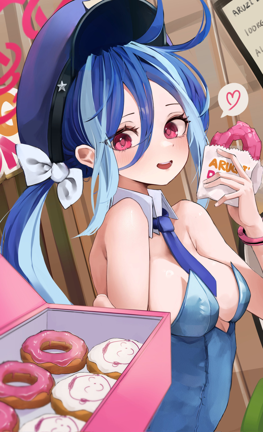 1girl :d absurdres alternate_costume arona's_sensei_doodle_(blue_archive) bare_shoulders blue_archive blue_hair bow breasts bubble99 cameo cleavage commentary_request cuffs detached_collar doughnut food fubuki_(blue_archive) giving hair_between_eyes hair_bow hair_ribbon halo handcuffs hat heart highres holding holding_food leotard long_hair looking_at_viewer multicolored_hair necktie pastry_box peaked_cap playboy_bunny reaching_towards_viewer red_eyes ribbon sensei_(blue_archive) sidelocks sleeveless smile solo spoken_heart strapless strapless_leotard streaked_hair twintails two-tone_hair