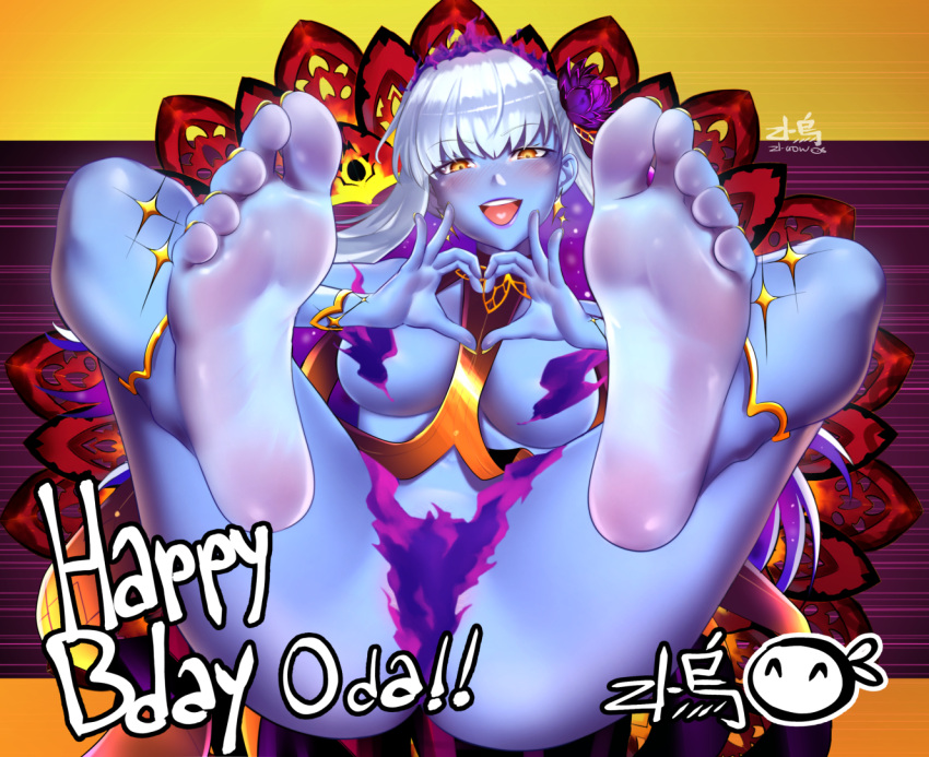 1girl anklet artist_logo artist_name barefoot blue_panties blue_skin breasts character_request check_character colored_skin commentary earrings english_commentary english_text fate/grand_order fate_(series) feet feet_up flower foot_focus full_body grey_hair hair_flower hair_ornament hands_up happy_birthday heart heart_hands jewelry kali_(fate) knees_up large_breasts legs long_hair looking_at_viewer nail_polish open_mouth panties purple_panties revealing_clothes soles solo teeth thighs toenail_polish toenails toes underwear upper_teeth_only yellow_eyes zl-crow_red