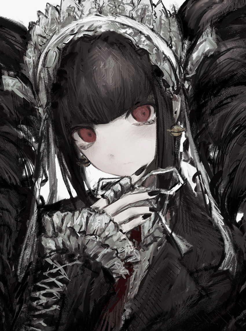 1girl black_hair black_nails celestia_ludenberg chan8016 claw_ring danganronpa:_trigger_happy_havoc danganronpa_(series) drill_hair earrings expressionless frilled_sleeves frills gothic_lolita hairband hand_on_own_chin highres jewelry lolita_fashion lolita_hairband long_hair long_sleeves looking_at_viewer nail_polish necktie red_eyes red_necktie ribbon shirt solo twin_drills twintails upper_body