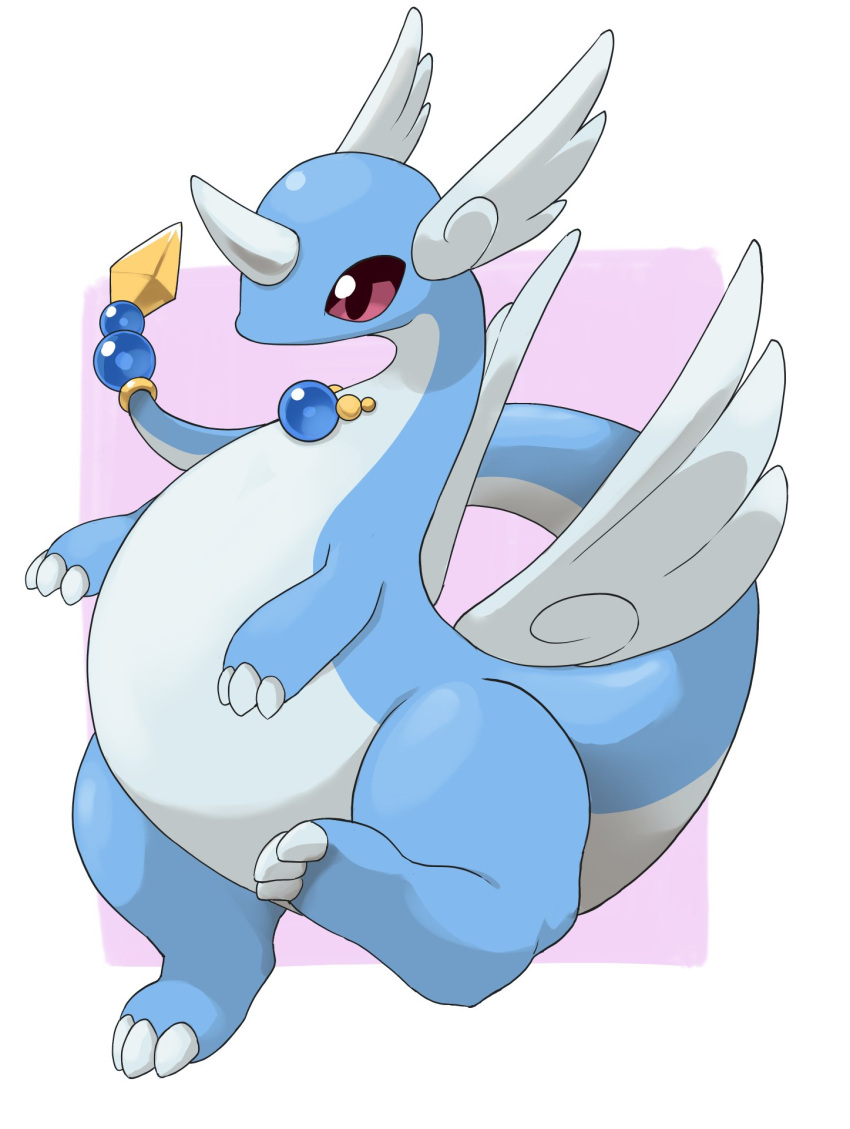 ambiguous_gender belly blue_body claws dragon dragonair fakemon feathered_wings feathers feral gem generation_1_pokemon head_wings hi_res horn nintendo one_leg_up pink_background pokemon pokemon_(species) raised_leg red_eyes simple_background solo ukan_muri winged_head wings