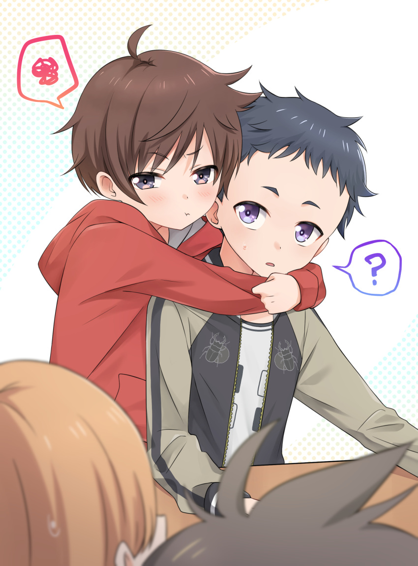 4boys ? absurdres ahoge bishounen brown_hair cheek-to-cheek commentary_request couple desk faceless heads_together highres hood hoodie hug kira_tenma looking_at_another male_focus multiple_boys open_mouth original puffy_cheeks purple_eyes red_hoodie shirt simple_background solo_focus spoken_question_mark spoken_squiggle squiggle white_shirt yaoi