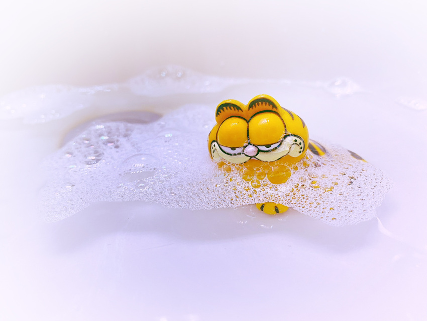 bathroom bathtub domestic_cat drain felid feline felis feral fur garfield_(series) garfield_the_cat hi_res lamianymph male mammal orange_body orange_fur persian_cat photography_(artwork) pink_nose real soap solo suds toy water