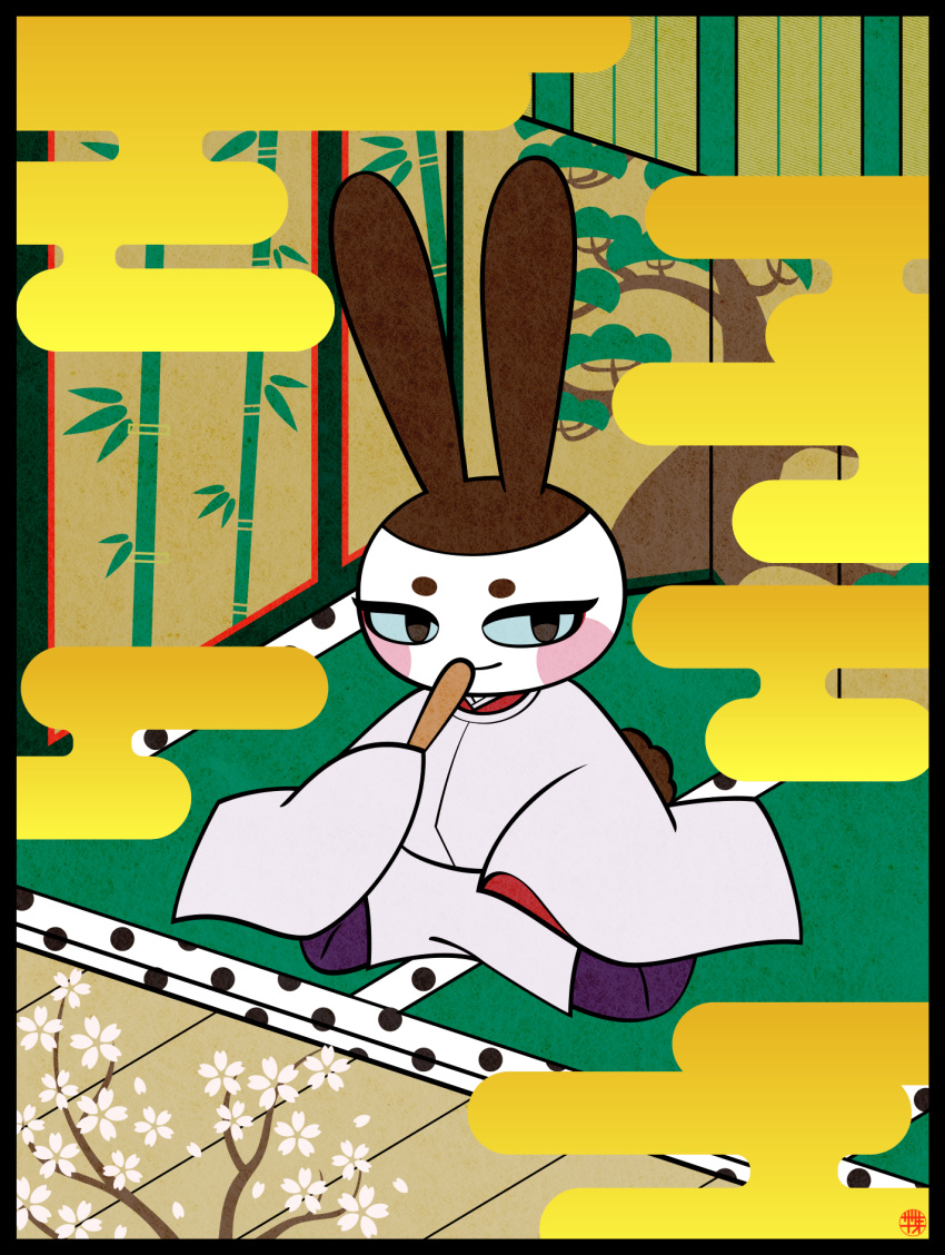 1boy animal_crossing bamboo_print blue_eyes branch cherry_blossoms cloud egasumi furry furry_male genji_(animal_crossing) highres holding japanese_clothes kneeling marking_on_cheek rabbit ritual_baton sasakinao smile solo thick_eyebrows tree_print wide_sleeves