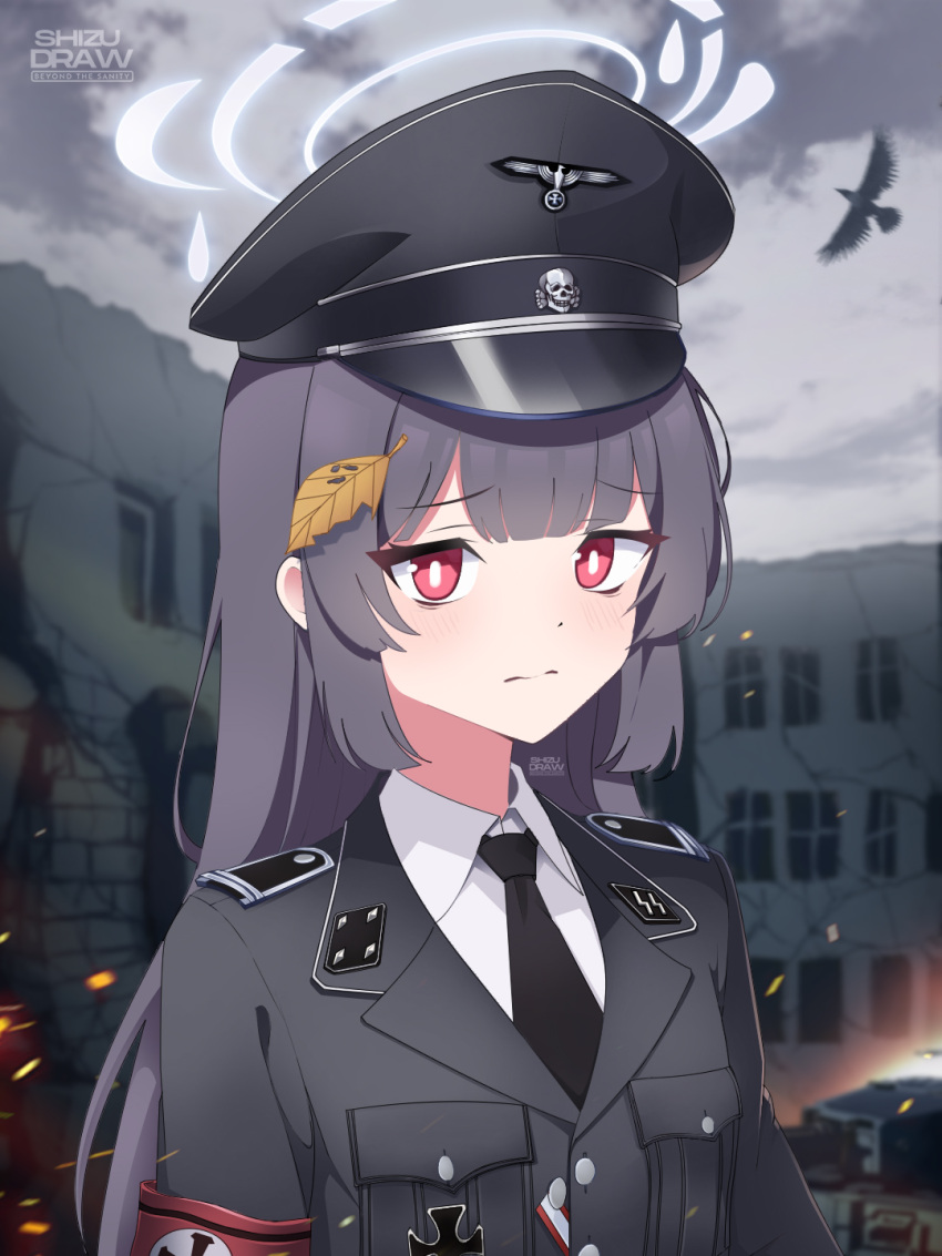 1girl 3d_background black_hair black_necktie blue_archive blunt_bangs blurry building collared_shirt commentary cross depth_of_field english_commentary halo hat highres iron_cross long_hair long_sleeves looking_at_viewer military_uniform miyu_(blue_archive) necktie outdoors peaked_cap red_eyes shirt shizudraw sidelocks skyscraper solo uniform waffen-ss world_war_ii