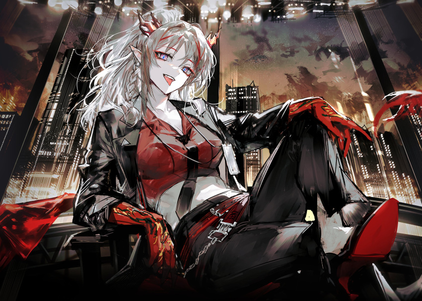 ambience_synesthesia arknights belt belt_chain black_footwear black_necktie blue_eyes braid breasts christian_louboutin_(brand) cityscape cleavage colored_shoe_soles colored_skin cropped_shirt eyeshadow fangs high_heels high_ponytail highres horns id_card looking_at_viewer makeup midriff multicolored_hair necktie nian_(arknights) pointy_ears red_belt red_eyeshadow red_hair red_horns red_shirt red_skin remsrar shirt sitting streaked_hair tongue tongue_out white_hair