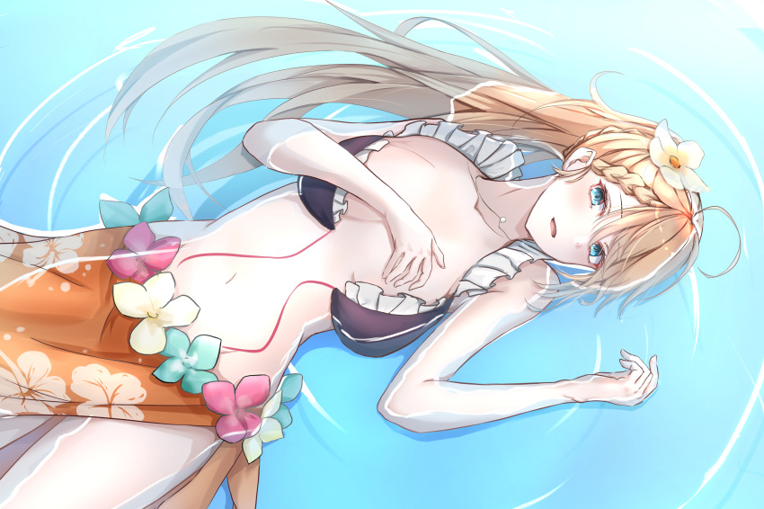 1girl absurdres ahoge bikini blonde_hair blue_eyes braid braided_bangs breasts collarbone covering covering_breasts floral_print flower french_braid frilled_bikini frills g36_(50_days_with_g36)_(girls'_frontline) g36_(girls'_frontline) girls'_frontline hair_flower hair_ornament highres long_hair looking_at_viewer maid maid_bikini navel official_alternate_costume partially_submerged satsumaagee solo swimsuit unconventional_maid untied_bikini water