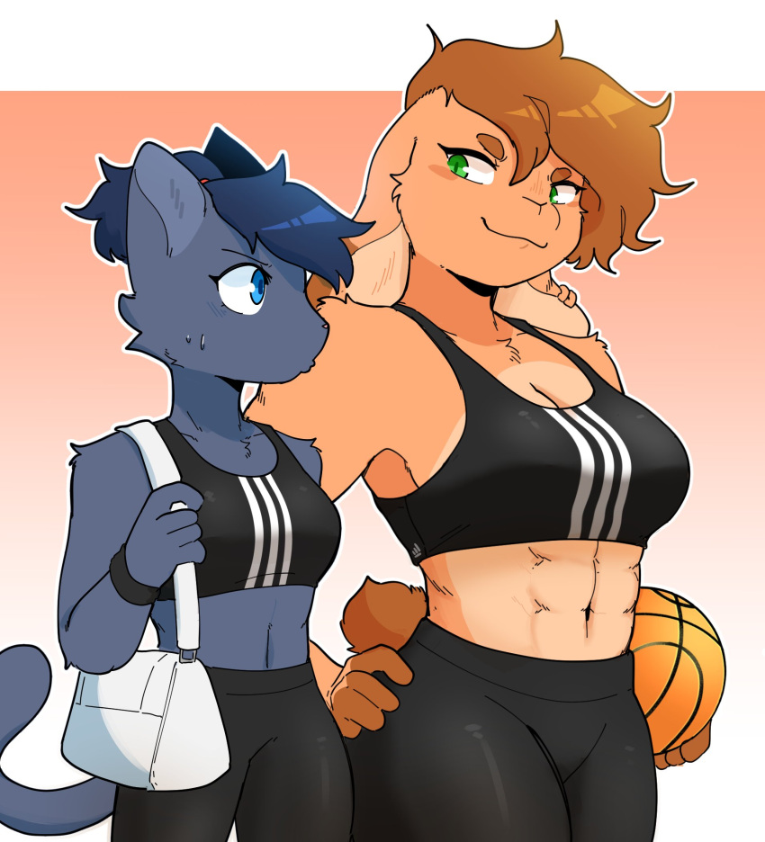 2023 5_fingers abs alina_scratch anthro ball basketball basketball_(ball) big_breasts black_clothing blue_body blue_eyes blue_fur blue_hair bottomwear bra breasts clothed clothing digital_media_(artwork) domestic_cat duffel_bag duo emily_lang felid feline felis female fingers fur hair hi_res lagomorph leggings legwear leporid mammal midriff navel rabbit russian_blue simple_background sonokido sports_bra sports_bra_difference_meme sportswear topwear underwear ventura_city_drifters