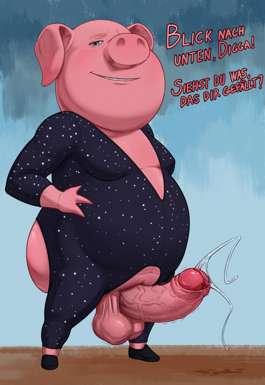 anthro balls big_balls big_penis bodily_fluids chubby_anthro chubby_male clothing costume dialogue digital_media_(artwork) domestic_pig dripping erection genital_fluids genitals german_text gunter_(sing) hi_res humanoid_genitalia humanoid_penis illumination_entertainment leaking_precum looking_at_viewer male mammal penis precum precum_drip precum_string saggy_balls simple_background sing_(movie) smile smiling_at_viewer solo suid suina sus_(pig) sweat sweaty_balls sweaty_genitalia tall_lizzard_(artist) text vein veiny_penis