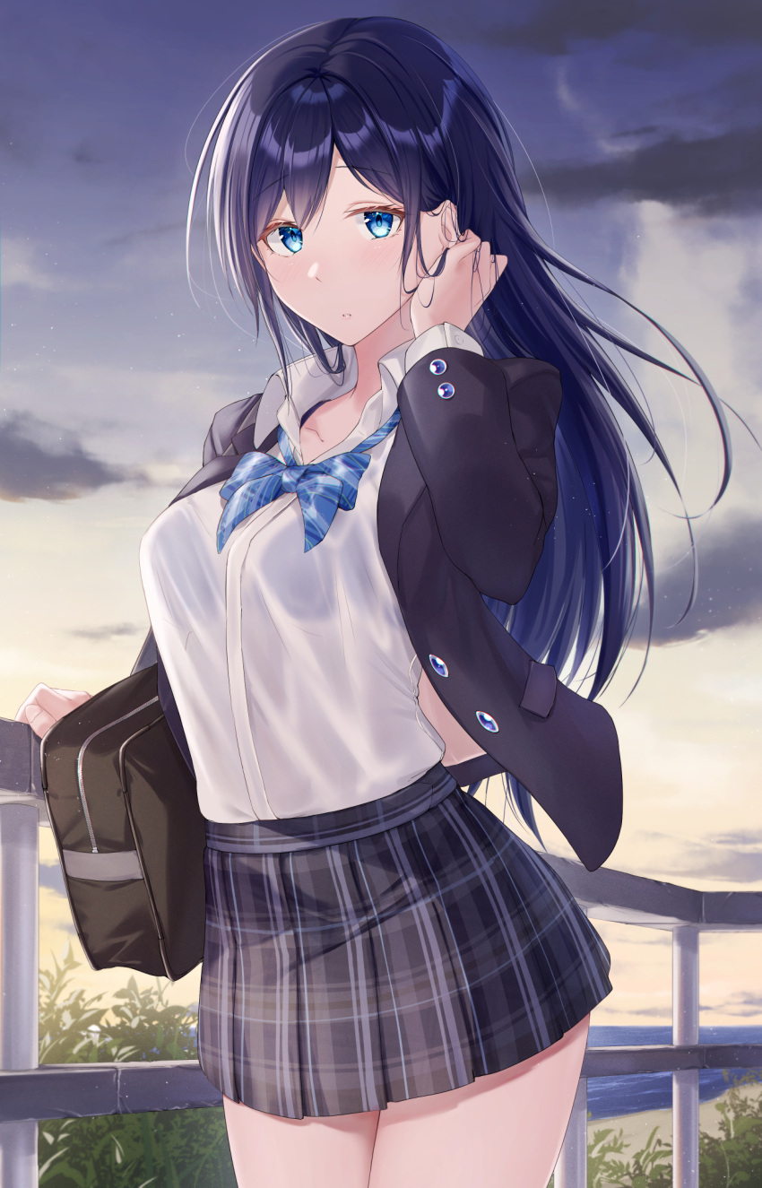 1girl bag black_bag blazer blue_bow blue_bowtie blue_eyes blush bow bowtie bra bra_visible_through_clothes breasts cloud collarbone collared_shirt fence hand_in_own_hair highres jacket large_breasts long_hair looking_at_viewer meen_(ouaughikepdvrsf) ocean open_clothes open_jacket original outdoors parted_lips plaid plaid_skirt pleated_skirt purple_bra purple_hair purple_jacket purple_skirt purple_sky school_bag see-through shirt skirt sky solo standing underwear wet wet_clothes wet_shirt white_shirt