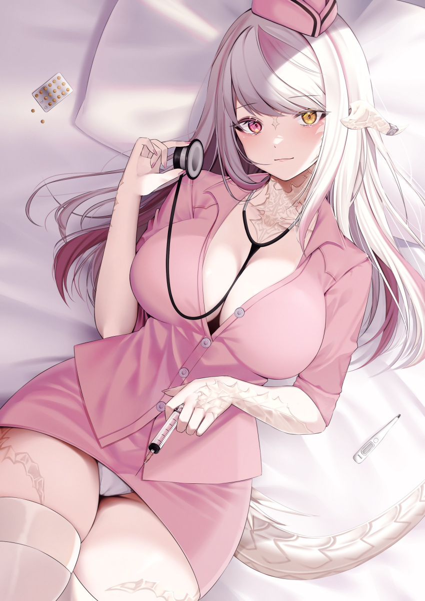 1girl absurdres au_ra blush breasts buttons cameltoe cleavage closed_mouth collared_shirt dragon_girl dragon_horns dragon_tail heterochromia highres holding holding_syringe horns large_breasts long_hair looking_at_viewer lying multicolored_hair nurse on_back on_bed panties partially_unbuttoned pencil_skirt pink_eyes pink_hair pink_headwear pink_shirt pink_skirt pink_thighhighs scales shhilee shirt skeb_commision skirt smile solo stethoscope syringe tail thighhighs two-tone_hair underwear white_hair white_panties yellow_eyes