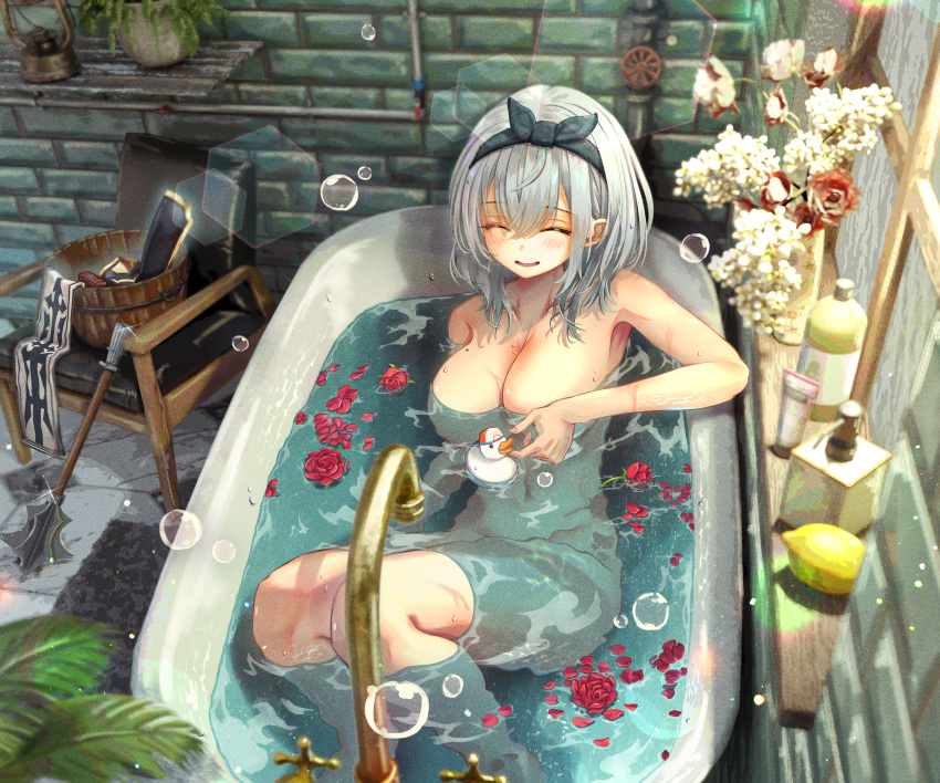 1girl ^_^ absurdres annmitsu114 bathing bathtub breasts brick_wall cleavage closed_eyes clothes_removed commentary_request commentary_typo completely_nude flower food fruit grey_hair hair_between_eyes highres hololive indoors large_breasts lemon lens_flare mace medium_hair mole mole_on_breast navel nude partially_submerged petals petals_on_liquid plant potted_plant rose_petals shirogane_noel smile soap_bubbles solo subaru_duck tile_floor tiles water water_drop weapon window