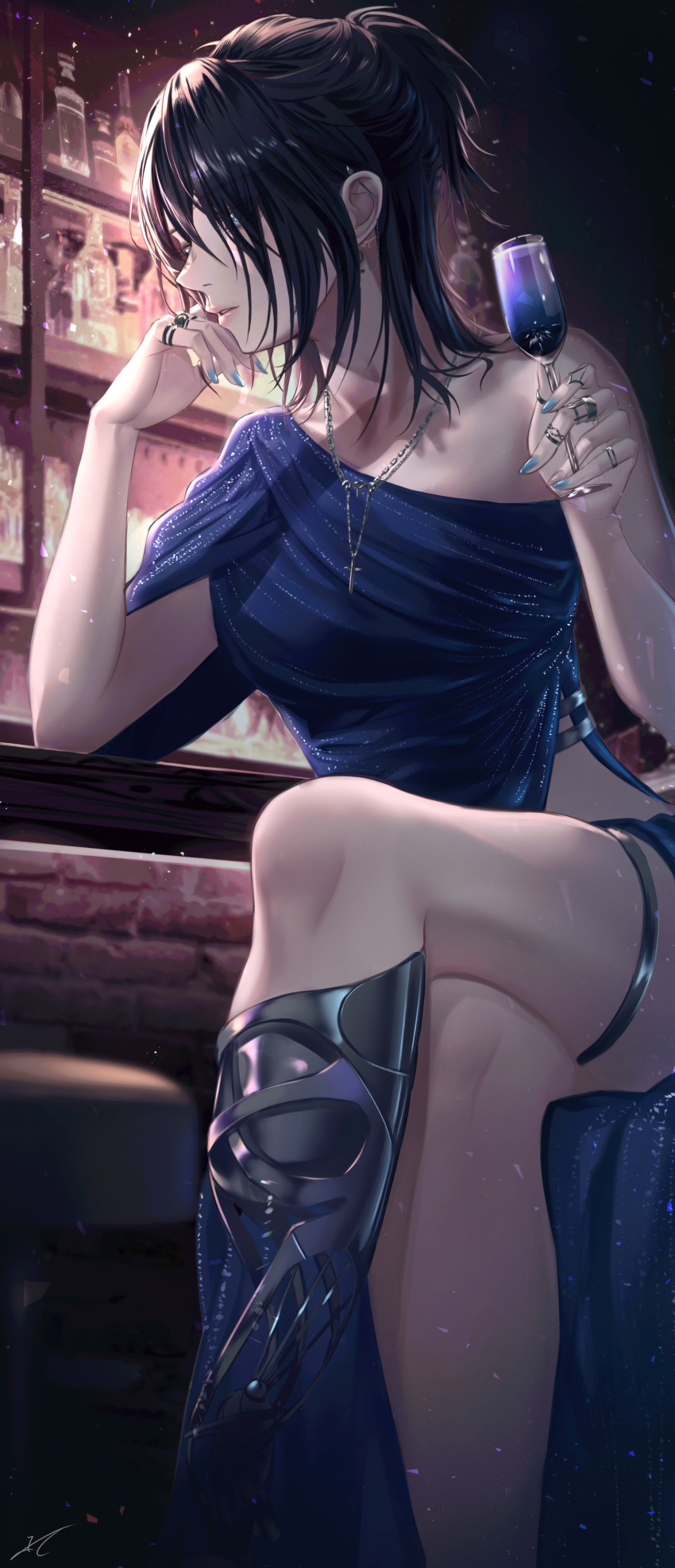 1girl absurdres black_hair blue_dress commentary_request crossed_legs cup dress drinking_glass feet_out_of_frame hand_up highres holding holding_cup indoors long_hair original single-shoulder_dress single_bare_shoulder single_sleeve sitting solo thigh_strap thighs wine_glass xi-u