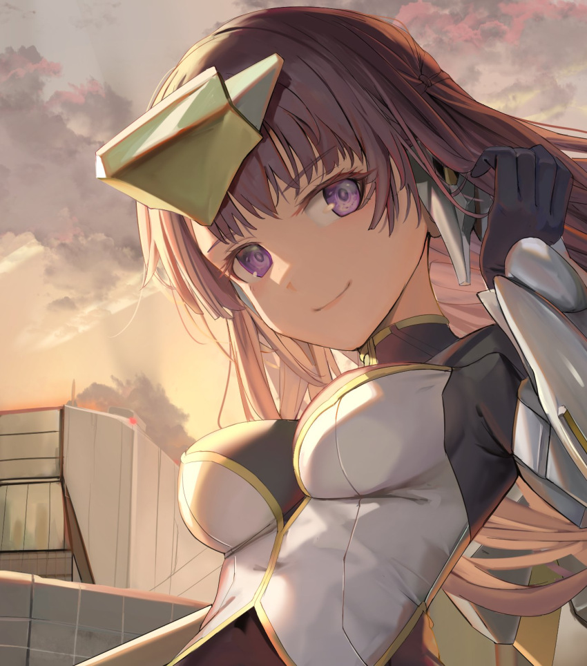 1girl alice_gear_aegis black_gloves brown_hair closed_mouth commentary_request dark_skin fatima_betrorum gloves headpiece highres looking_at_viewer purple_eyes smile solo sunga2usagi sunset