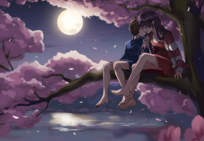 1boy 1girl bare_legs barefoot blue_shirt blue_shorts breasts brown_hair cherry_blossoms cleavage closed_mouth collarbone collared_shirt couple dress full_moon gegege_no_kitarou hair_down hetero highres holding_another's_hair imminent_kiss in_tree kitarou long_hair long_sleeves medium_breasts moon nekomusume nekomusume_(gegege_no_kitarou_6) night open_mouth outdoors purple_hair red_dress shirt shorts silanduqiaocui sitting sitting_in_tree tree wing_collar