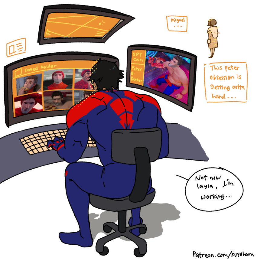 2boys addiction at_computer bara black_hair blue_bodysuit bodysuit chair character_request computer dark-skinned_male dark_skin english_text highres large_pectorals male_focus marvel miguel_o'hara multiple_boys muscular muscular_male patreon_username pectorals peter_b_parker red_bodysuit short_hair sitting spider-man:_across_the_spider-verse spider-man_(series) spider-verse suyohara two-tone_bodysuit