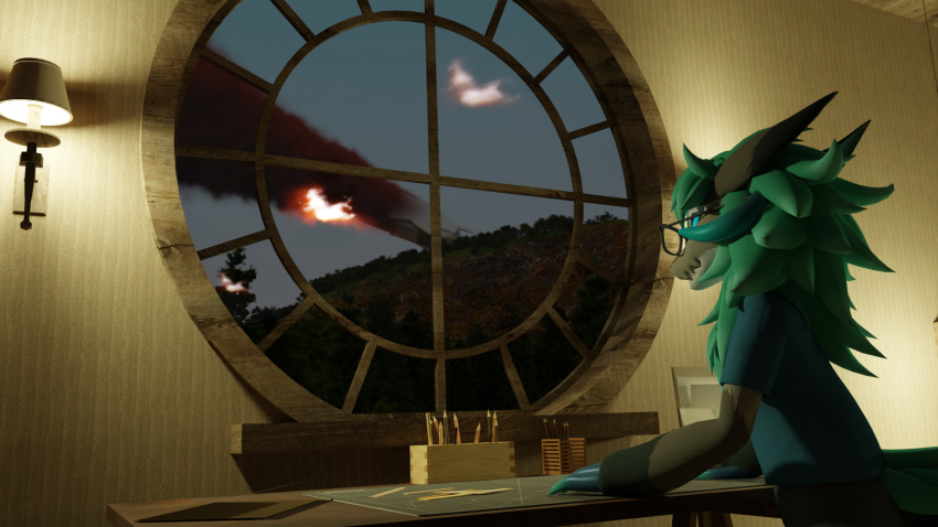 asher_sterling beanthusiast blender_(software) blender_cycles blueprint desk eyewear fire furniture glasses hi_res hillside inside lamp looking_out_window looking_outside night plant smoke solo spacecraft story story_in_description surprised_expression table tree vehicle wickerbeast