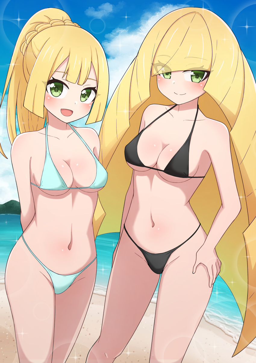 2girls :d absurdres bikini blonde_hair blush braid breasts cleavage closed_mouth cloud collarbone commentary_request day eyelashes green_eyes highres lillie_(pokemon) long_hair lusamine_(pokemon) mother_and_daughter multiple_girls navel open_mouth outdoors pokemon pokemon_(game) pokemon_sm ponytail ppmmkoko360 sand shore sky smile sparkle standing swimsuit water