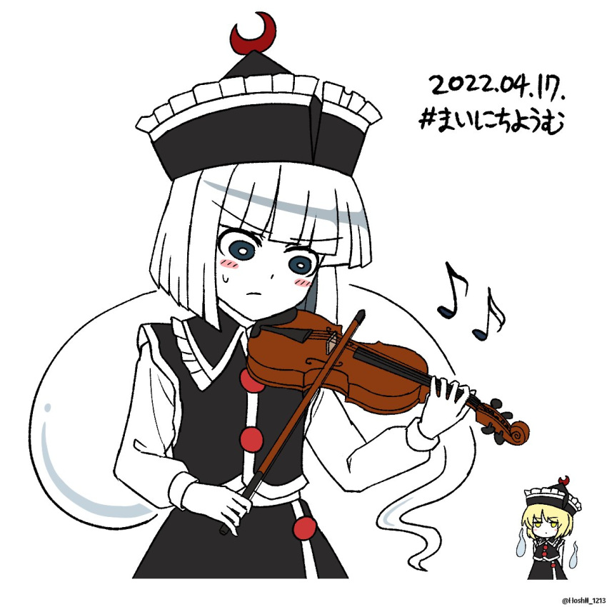 2girls black_eyes black_headwear blonde_hair bow_(music) bright_pupils commentary_request cosplay crescent crescent_hat_ornament dated frilled_hat frills ghost hat hat_ornament highres holding holding_instrument hoshii_1213 instrument konpaku_youmu konpaku_youmu_(ghost) lunasa_prismriver lunasa_prismriver_(cosplay) multiple_girls music musical_note playing_instrument short_hair simple_background solo_focus touhou twitter_username violin white_background white_hair white_pupils yellow_eyes