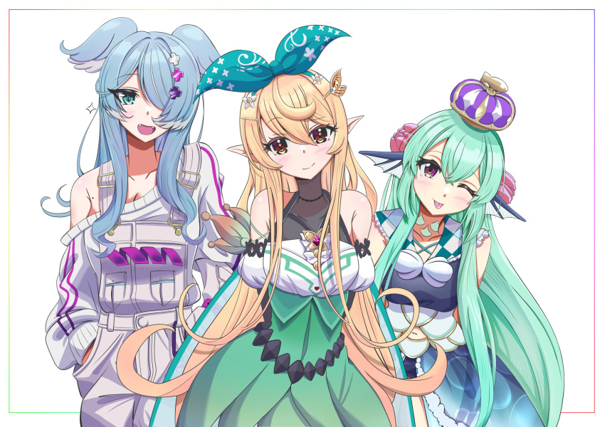 3girls ;p absurdres aqua_eyes arms_behind_back bike_shorts black_gloves blonde_hair blue_hair blue_skirt blue_wings border breasts brown_eyes butterfly_hair_ornament cleavage clothing_cutout collarbone crown detached_sleeves diagonal_stripes dress elbow_gloves elira_pendora elira_pendora_(1st_costume) fairy fairy_wings fangs finana_ryugu finana_ryugu_(1st_costume) fins fish_girl flower frilled_sailor_collar frills gloves gradient_border green_dress green_hair green_headband green_ribbon green_skirt grey_gloves grey_overalls hair_flower hair_ornament hair_over_one_eye hair_ribbon hands_in_pockets head_fins head_tilt head_wings headband high-waist_skirt highres lazulight light_blush long_hair mole multicolored_eyes multicolored_hair multiple_girls navel navel_cutout neck_tattoo nijisanji nijisanji_en off_shoulder one_eye_closed one_eye_covered open_mouth overall_shorts overalls pointy_ears pomu_rainpuff pomu_rainpuff_(1st_costume) puffy_sleeves purple_eyes purple_flower purple_stripes red_eyes ribbon sailor_collar seashell shell shirt showgirl_skirt single_glove skirt small_breasts smile sparkle striped sweater takezomitsurugi tattoo tongue tongue_out very_long_hair virtual_youtuber white_background white_hair white_shirt white_sweater wings x_hair_ornament