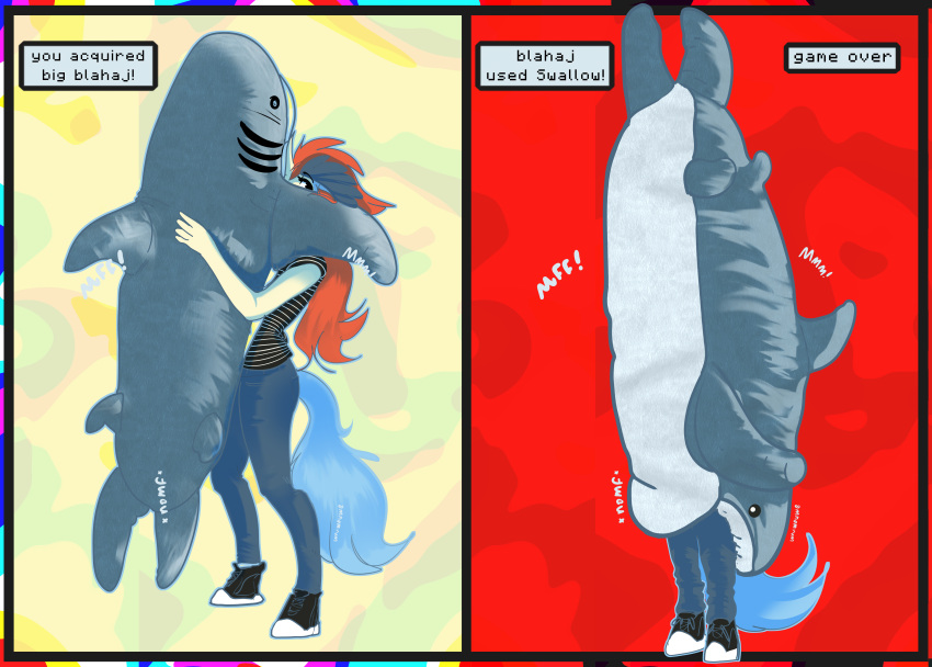 absurd_res anthro blahaj clothed clothing comic duo equid equine female fish fiyawerks game_over gameplay_mechanics generation_5_pokemon hi_res horse humor ikea keldeo keldeo_(ordinary_form) keldia legendary_pokemon mammal marine nintendo oral_vore plushie plushie_pred plushie_vore pokemon pokemon_(species) safe_vore sequence shark solo struggling struggling_prey swallowing tail vore