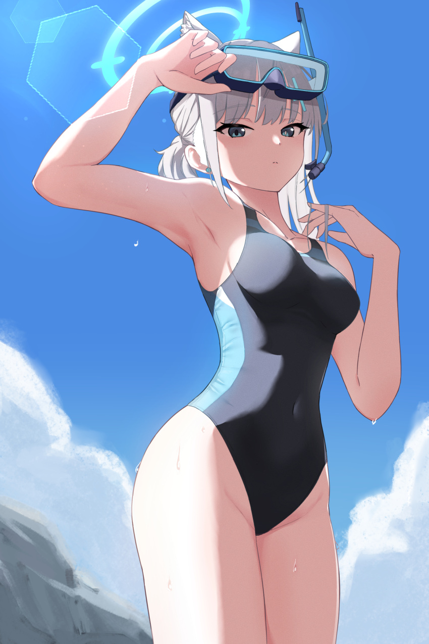 1girl absurdres animal_ear_fluff animal_ears anime_coloring black_one-piece_swimsuit blue_archive blue_eyes blue_sky breasts cloud competition_swimsuit covered_navel cross_hair_ornament day diving_mask diving_mask_on_head extra_ears goggles goggles_on_head grey_hair hair_ornament halo highres looking_at_viewer low_ponytail medium_breasts medium_hair mismatched_pupils multicolored_clothes multicolored_swimsuit official_alternate_costume one-piece_swimsuit outdoors rock shiroko_(blue_archive) shiroko_(swimsuit)_(blue_archive) sky snorkel solo standing swimsuit wolf_ears yuuri_99530