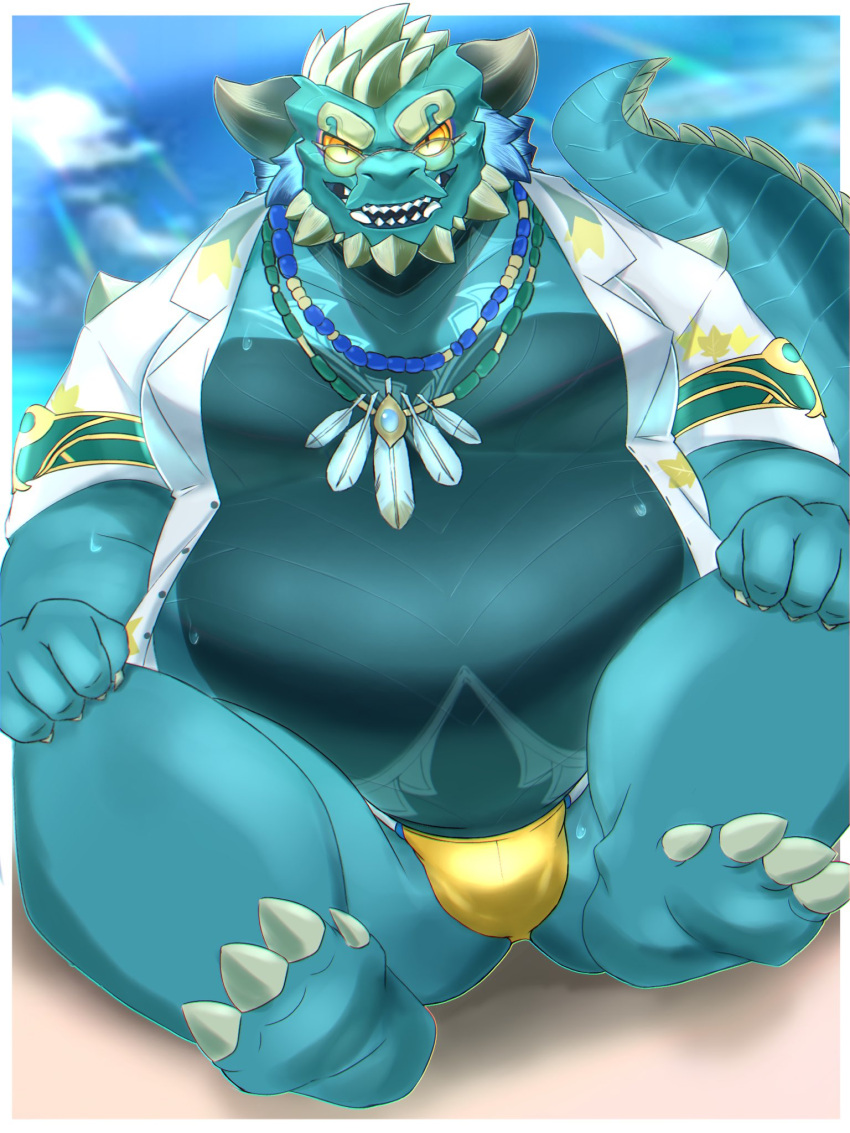 anthro beach belly bulge cipactli_(tas) claws clothed clothing dragon dress_shirt eyebrows eyewear hi_res jewelry lifewonders male musclegut necklace open_clothing open_shirt open_topwear pecs sand seaside shirt sitting solo speedo sunglasses swimwear thick_eyebrows tokyo_afterschool_summoners topwear yamacon0105