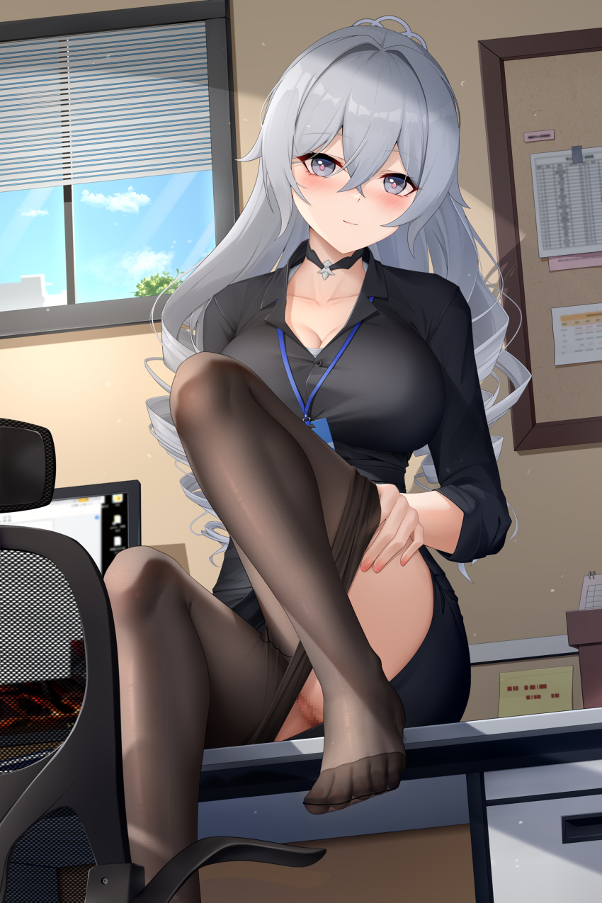 1girl barefoot black_jacket black_skirt blue_sky blush board breasts bronya_zaychik censored chair cleavage closed_mouth crossed_bangs drill_hair feet foot_out_of_frame grey_eyes grey_hair highres honkai_(series) honkai_impact_3rd id_card indoors jacket knee_up lanyard large_breasts legs long_hair looking_at_viewer lrh0123 manicure monitor mosaic_censoring nail_polish no_panties no_shoes office office_chair office_lady orange_nails pussy skirt sky smile solo sticky_note swivel_chair table toenail_polish toenails toes twin_drills very_long_hair