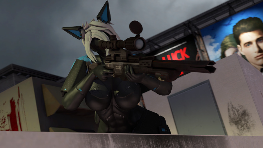 16:9 2023 3d_(artwork) anthro billboard black_body canid canine cybernetics cyborg digital_media_(artwork) female gun hair hi_res machine mammal outside ranged_weapon rifle robotic_ear rooftop sniper_rifle solo source_filmmaker weapon white_hair widescreen woofersfm