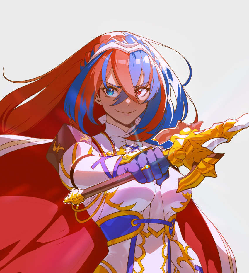 1girl alear_(female)_(fire_emblem) alear_(fire_emblem) armor blue_eyes blue_hair braid breasts crossed_bangs crown_braid fire_emblem fire_emblem_engage gloves hair_flowing_over heterochromia highres long_hair looking_at_viewer medium_breasts multicolored_hair nyantcha red_eyes red_hair smile solo split-color_hair tiara two-tone_hair very_long_hair