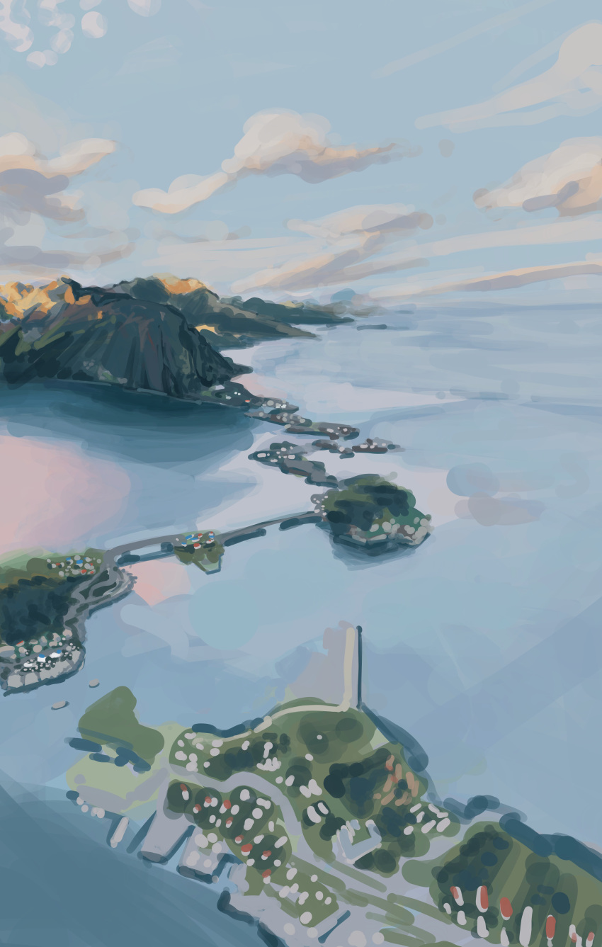 absurdres blue_sky bridge cloud day from_above highres horizon island morning mountain no_humans ocean original outdoors potatomochii scenery sky town water