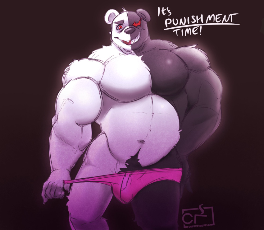 alternate_species anthro bear belly black_body clothed clothing danganronpa furrification genetic_chimerism genitals hi_res male mammal monokuma multicolored_body musclegut muscular muscular_anthro muscular_male overweight partially_clothed pecs penis pubes smile solo split_color teeth tuftbubble underwear underwear_down white_body