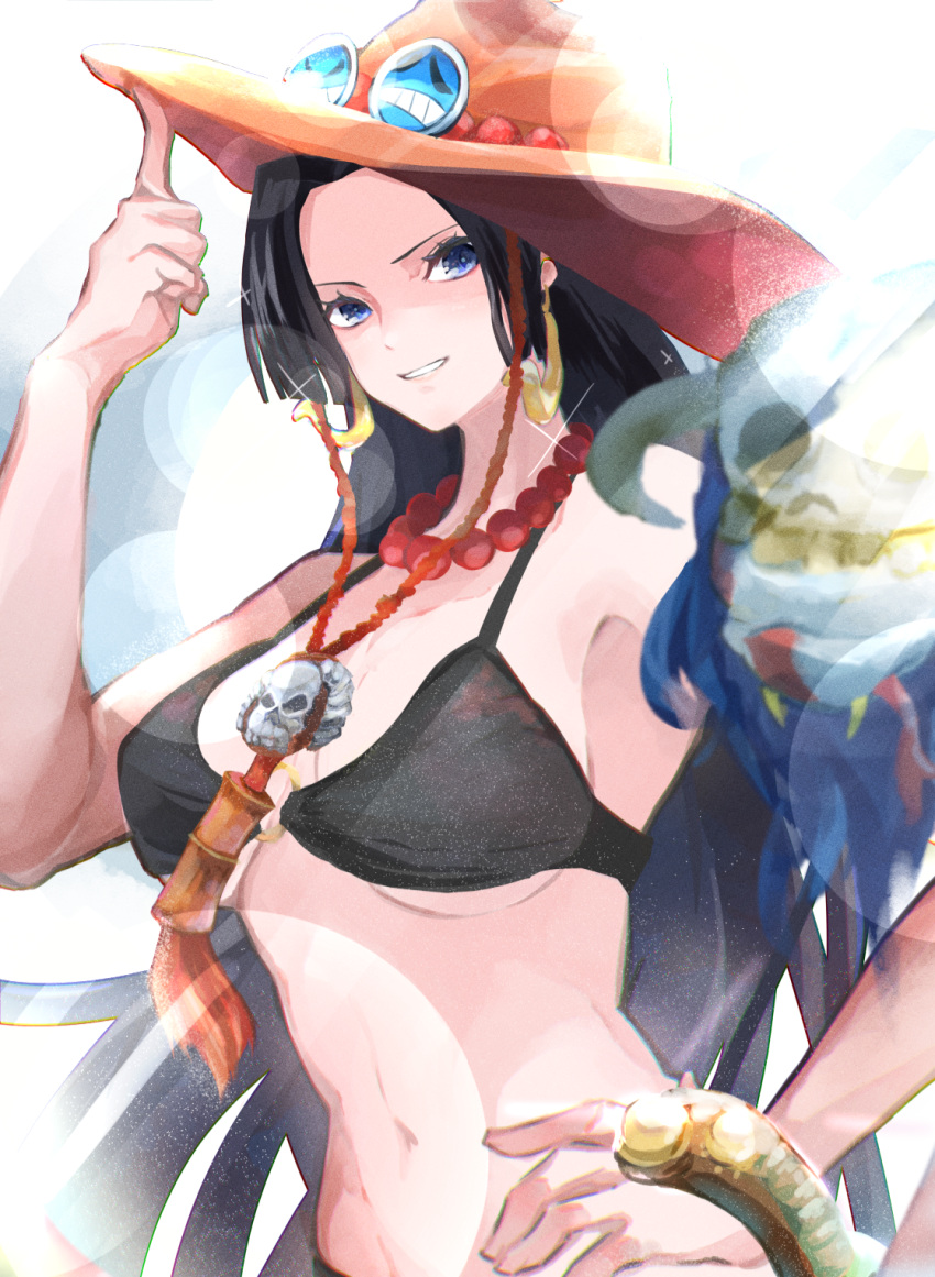 1girl bead_necklace beads bikini black_bikini black_hair blue_eyes boa_hancock breasts cowboy_hat cowboy_shot earrings hand_on_headwear hand_on_own_hip hat highres jewelry light_particles long_hair maato_tac medium_breasts midriff navel necklace one_piece portgas_d._ace salome_(one_piece) swimsuit tilted_headwear very_long_hair