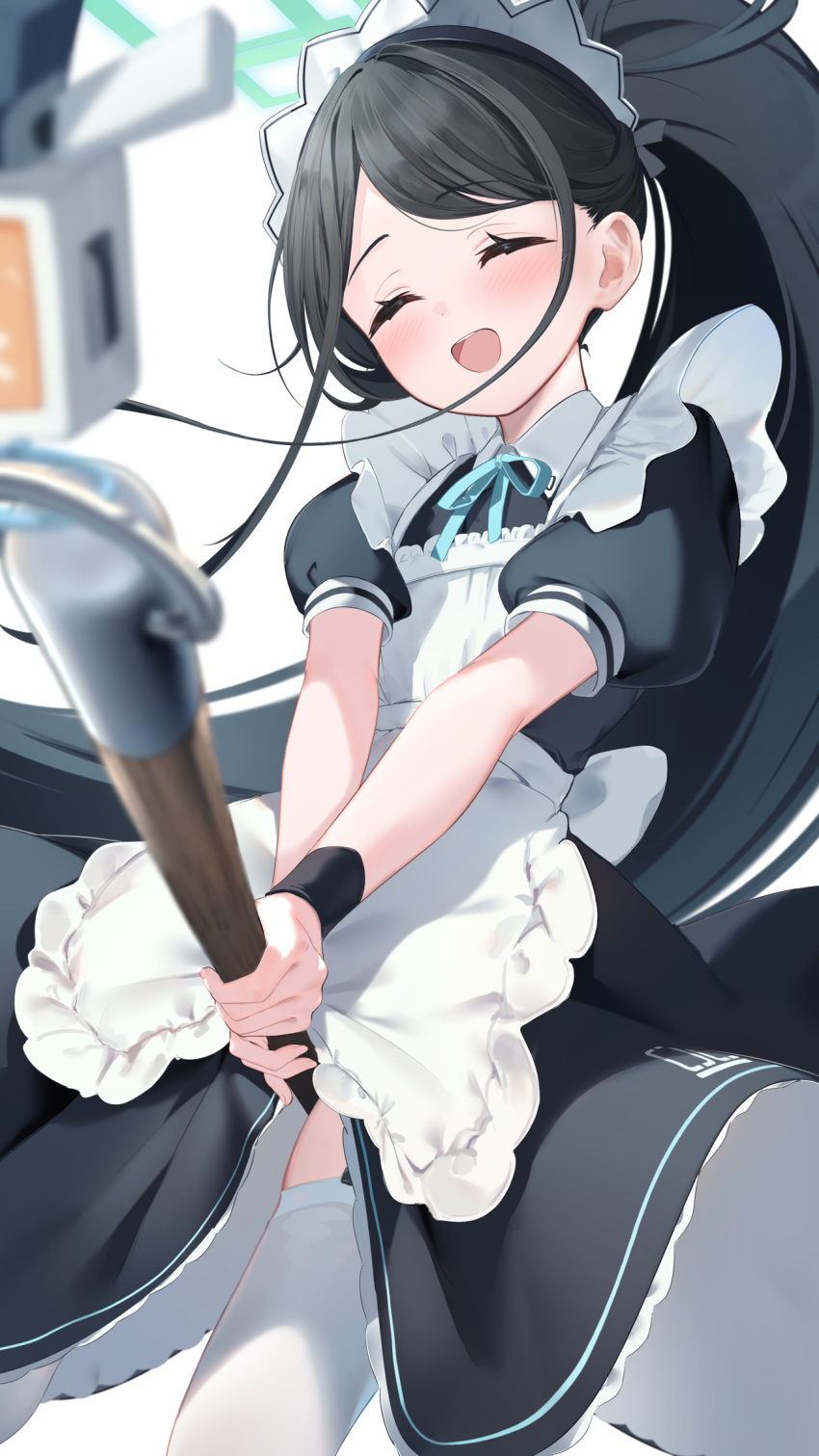 1girl ^_^ apron aqua_ribbon aris_(blue_archive) aris_(maid)_(blue_archive) black_hair black_wristband blue_archive blush broom closed_eyes dot_nose dress facing_viewer frilled_apron frilled_dress frills halo highres holding holding_broom long_hair maid maid_apron maid_headdress neck_ribbon nokke_o official_alternate_costume open_mouth ribbon sidelocks solo teeth thighhighs upper_teeth_only white_thighhighs